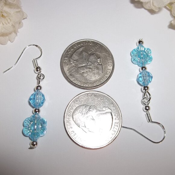 Flower Earring Blue Silver Dangle Drop Turquoise AB Aurora Borealis Jewelry D344 - Picture 3 of 5
